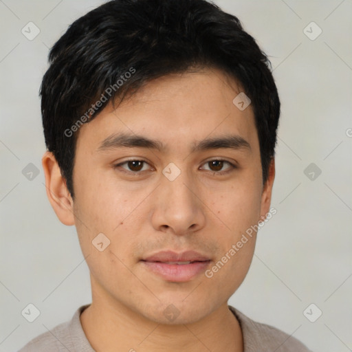 Neutral asian young-adult male with short  brown hair and brown eyes