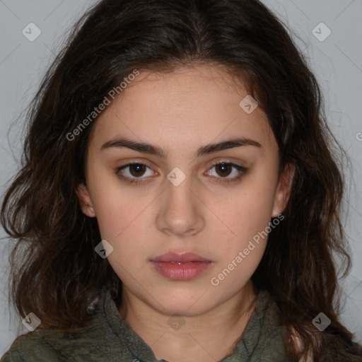 Neutral white young-adult female with long  brown hair and brown eyes