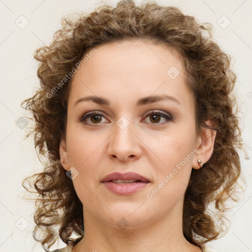 Joyful white young-adult female with long  brown hair and green eyes