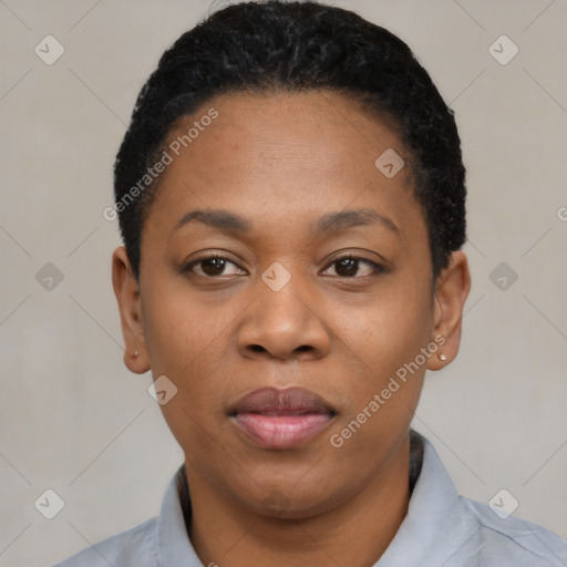 Neutral black young-adult female with short  black hair and brown eyes