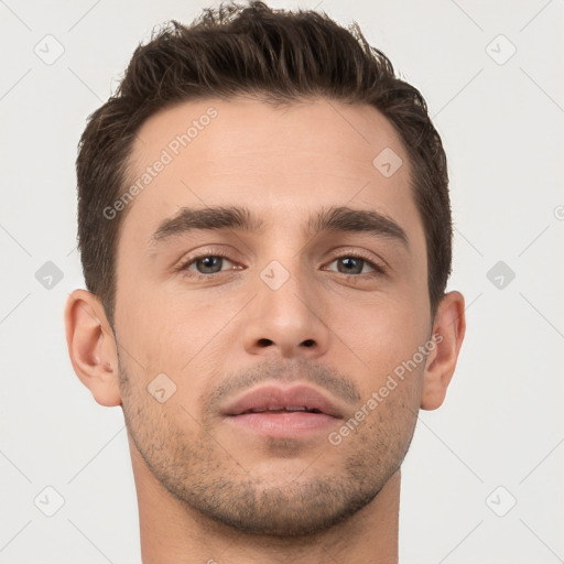 Neutral white young-adult male with short  brown hair and brown eyes