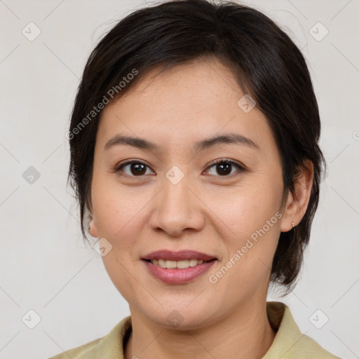 Joyful white young-adult female with medium  brown hair and brown eyes