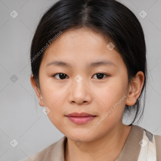 Joyful white child female with medium  brown hair and brown eyes