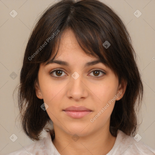 Neutral white young-adult female with medium  brown hair and brown eyes