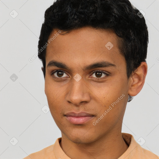 Neutral latino young-adult male with short  black hair and brown eyes