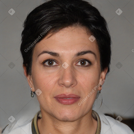 Joyful white adult female with short  brown hair and brown eyes