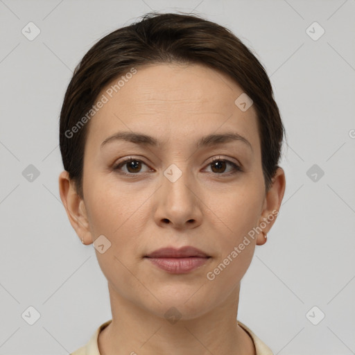 Neutral white young-adult female with short  brown hair and brown eyes