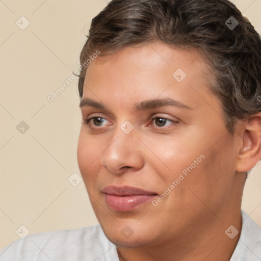 Joyful white young-adult female with short  brown hair and brown eyes