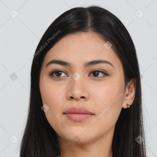 Joyful asian young-adult female with long  black hair and brown eyes