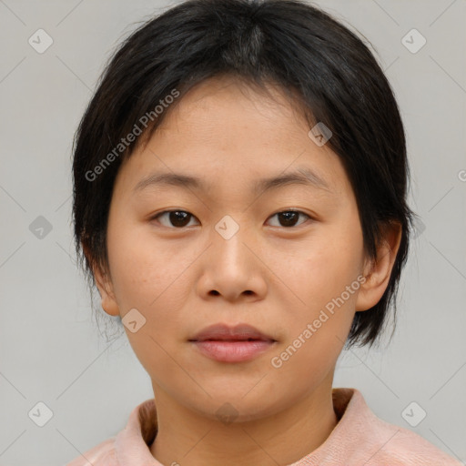 Neutral asian young-adult female with medium  brown hair and brown eyes