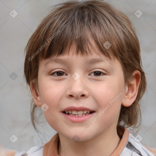 Joyful white child female with medium  brown hair and brown eyes