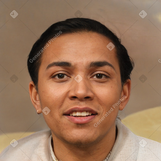 Joyful latino young-adult male with short  brown hair and brown eyes