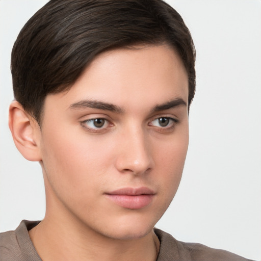 Neutral white young-adult male with short  brown hair and brown eyes