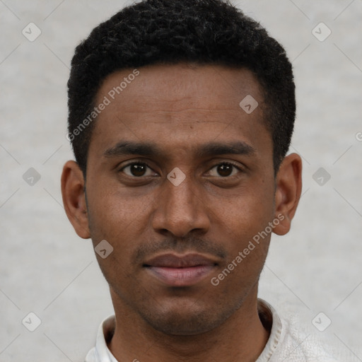 Neutral black young-adult male with short  black hair and brown eyes
