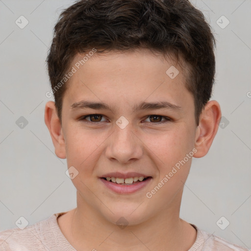 Joyful white child male with short  brown hair and brown eyes