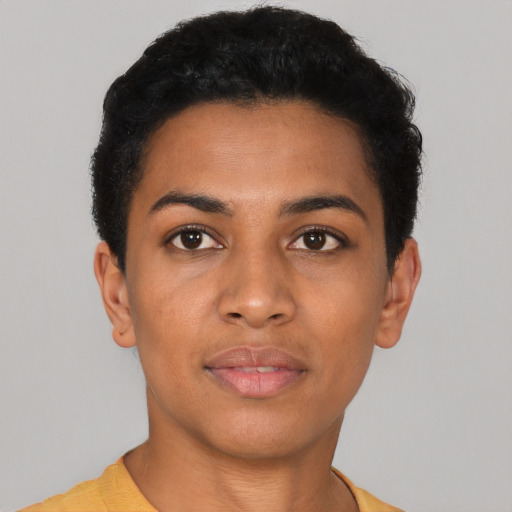 Neutral latino young-adult female with short  black hair and brown eyes