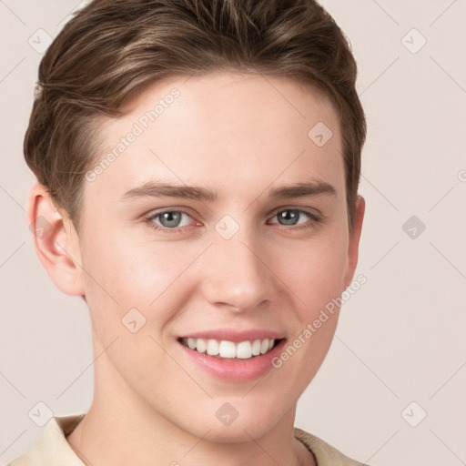 Joyful white young-adult female with short  brown hair and grey eyes