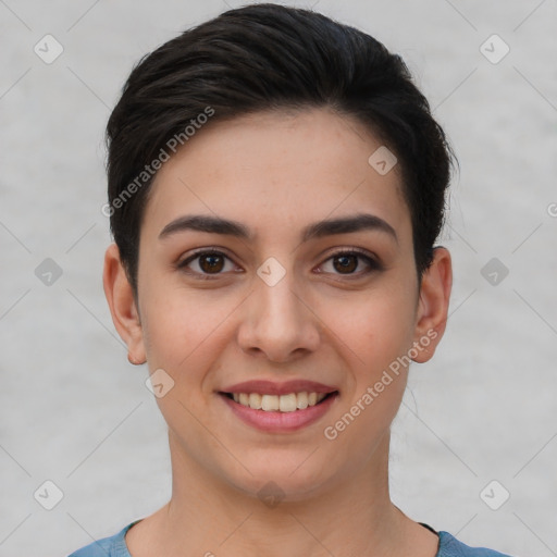 Joyful white young-adult female with short  brown hair and brown eyes