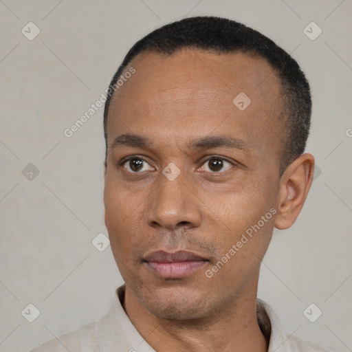 Neutral latino adult male with short  black hair and brown eyes