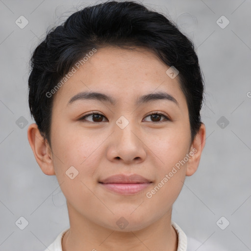 Joyful asian young-adult female with short  brown hair and brown eyes