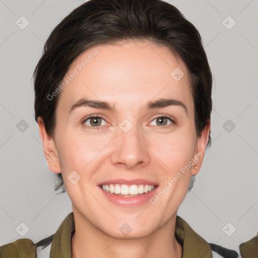 Joyful white young-adult female with medium  brown hair and brown eyes