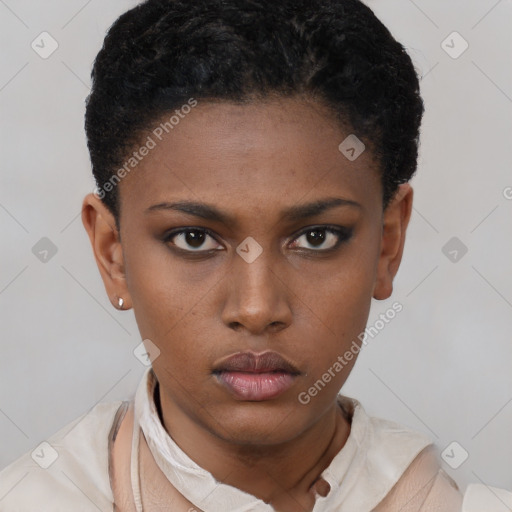 Neutral black young-adult female with short  black hair and brown eyes