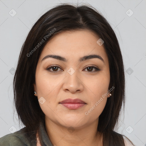 Joyful latino young-adult female with medium  brown hair and brown eyes