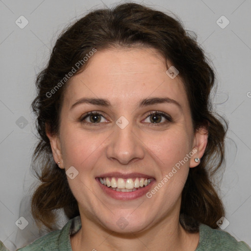 Joyful white young-adult female with medium  brown hair and green eyes