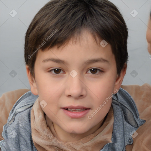 Joyful white child female with short  brown hair and brown eyes