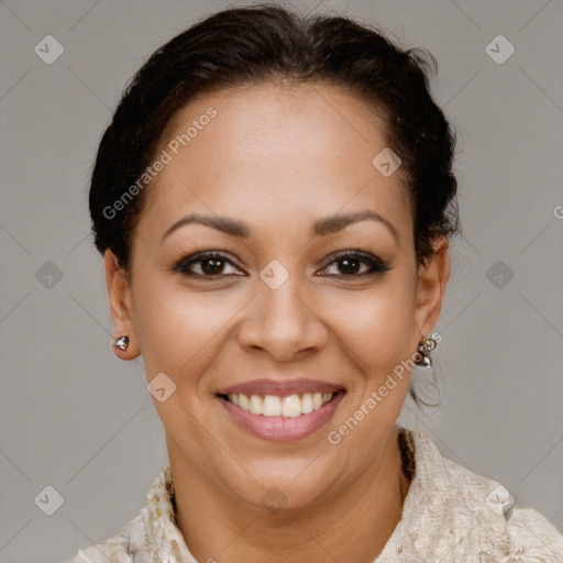 Joyful latino young-adult female with short  brown hair and brown eyes