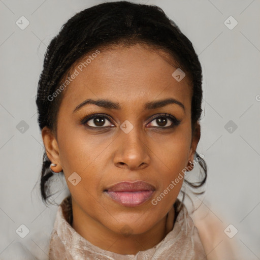 Joyful black young-adult female with medium  brown hair and brown eyes