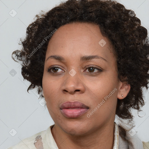 Joyful black adult female with medium  brown hair and brown eyes