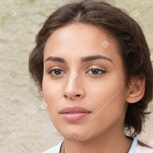 Neutral white young-adult female with medium  brown hair and brown eyes