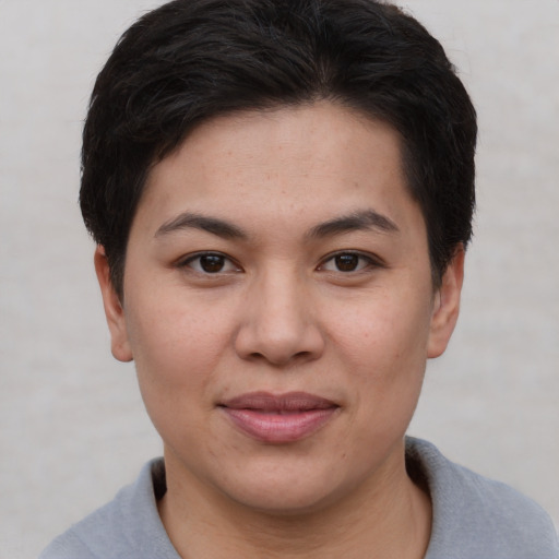 Joyful asian young-adult female with short  brown hair and brown eyes