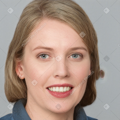 Joyful white young-adult female with medium  brown hair and blue eyes