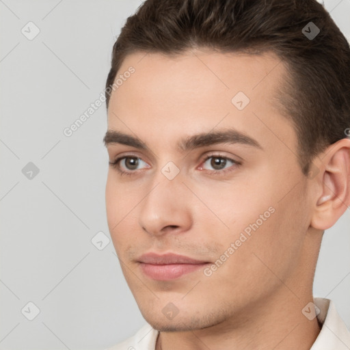 Neutral white young-adult male with short  brown hair and brown eyes