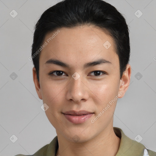 Joyful asian young-adult male with short  black hair and brown eyes