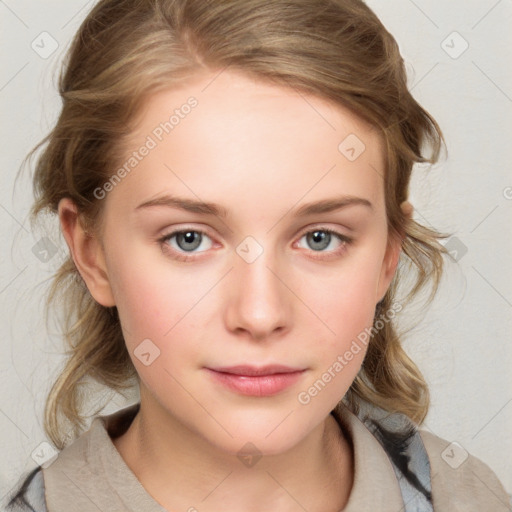 Neutral white child female with medium  brown hair and blue eyes