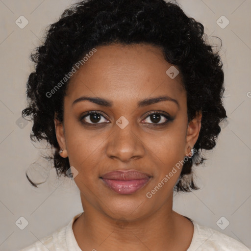 Joyful black young-adult female with medium  black hair and brown eyes