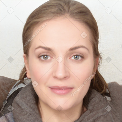 Joyful white young-adult female with medium  brown hair and blue eyes