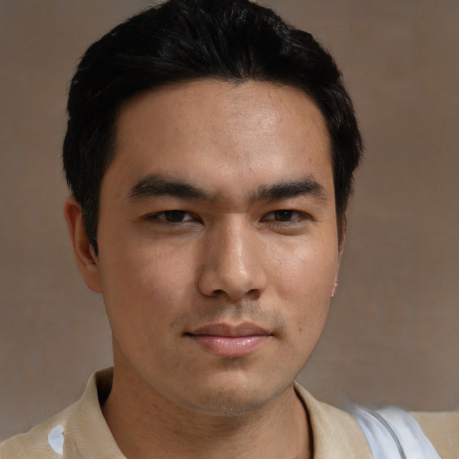 Neutral asian young-adult male with short  brown hair and brown eyes