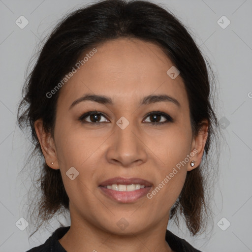 Joyful latino young-adult female with medium  brown hair and brown eyes