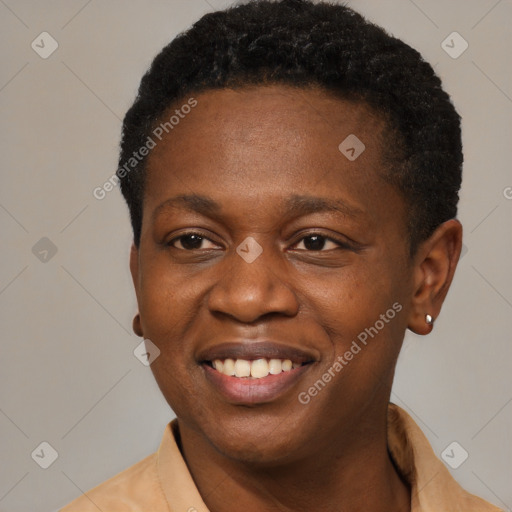 Joyful latino young-adult male with short  brown hair and brown eyes