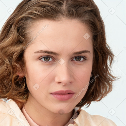 Neutral white young-adult female with medium  brown hair and brown eyes