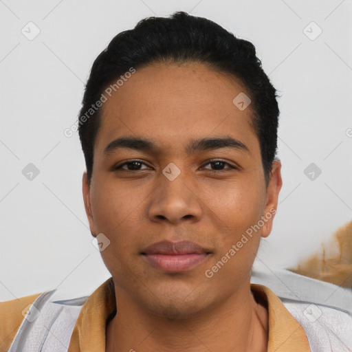 Neutral latino young-adult male with short  black hair and brown eyes