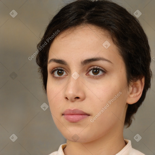 Neutral white young-adult female with medium  brown hair and brown eyes