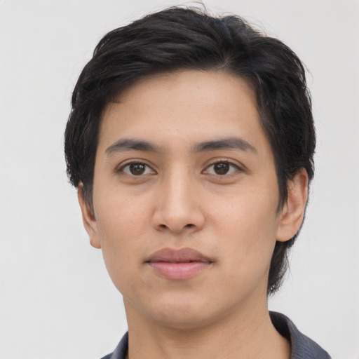 Neutral asian young-adult male with short  black hair and brown eyes