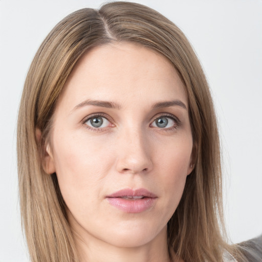 Neutral white young-adult female with long  brown hair and grey eyes