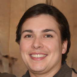 Joyful white young-adult male with medium  brown hair and brown eyes