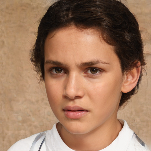 Neutral white young-adult female with medium  brown hair and brown eyes